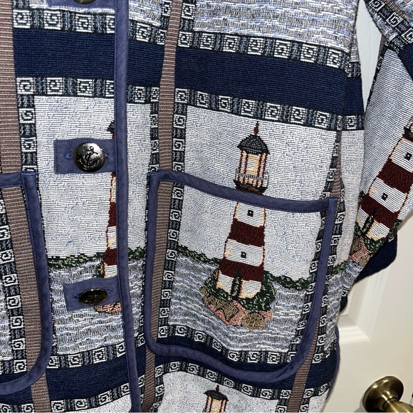 Vintage Lighthouse Nautical Tapestry Jacket Coat coastal grandma L xl yachtcore - Picture 5 of 8